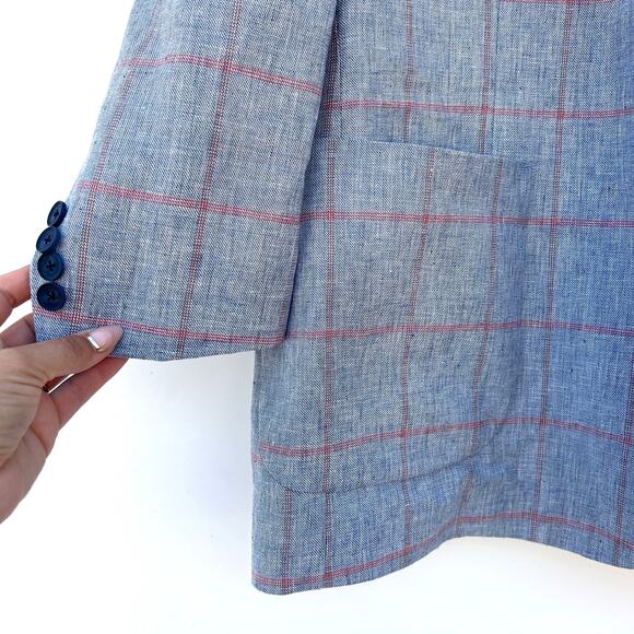 Paul Fredrick Linen Cotton Men’s Blazer Jacket Light Blue Windowpane 48R - Picture 6 of 9